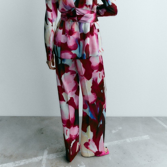 ZARA Satin Floral Print Palazzo Pant Trousers - Picture 12 of 16